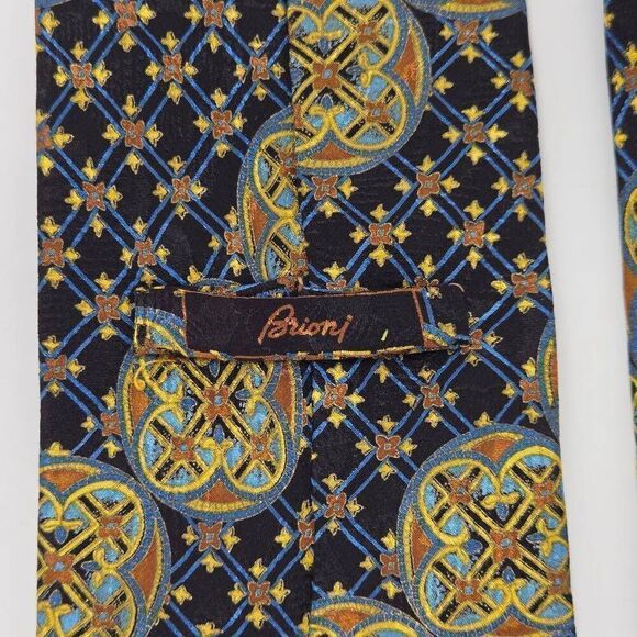 BRIONI SILK TIE BLACK BLUE GOLD NORDIC GEOMETRIC CIRCLES STRIPE 4" X 59" - Picture 3 of 4